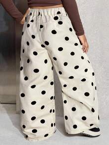 Young Girl' Y2K Black Polka Dot & White Denim Loose Fit Pants,Fall Clothes,Winter Clothing ,Casual And Fashionable Vacation Outfits,Streetwear,2000s Style  ,Christmas Clothing ,Polka Dot Pants,Young Girl Pants