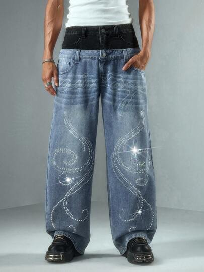 Jeans de pierna acampanada con estampado de strass y cintura de contraste para hombre