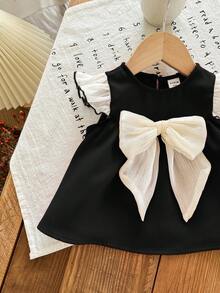 SHEIN LMoss Kids 可爱黑色蝴蝶结短袖上衣，夏季百搭，女宝宝款 - 黑色 - 查看 3