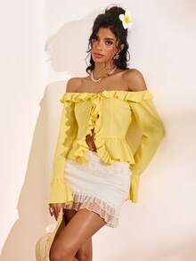 Bellisia Blusa de unicolor con hombros descubiertos, manga larga y ribete de volantes, adecuada para citas y uso diario