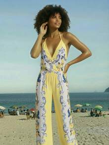 CAJUNI Women's Floral Print Sexy Halter Bodysuit, Suitable For Vacation,Beach Outfits For Women - Multicolor - View 3