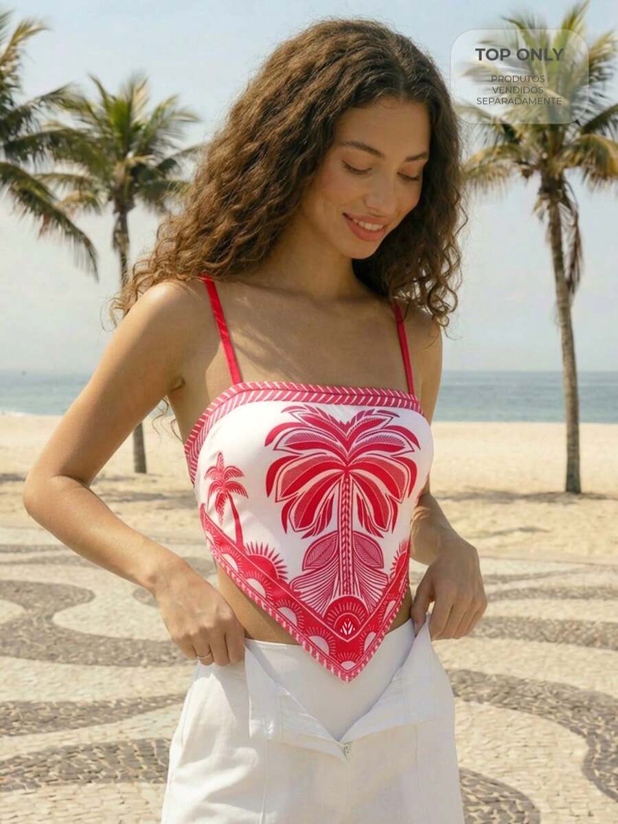 CAJUNI Body de tirantes rojos con estampado tropical de palmeras - Rojo - Ver 1