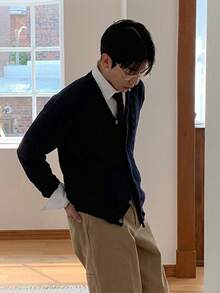 DAZY 海军蓝V领男士针织开衫，秋季款 - 藏蓝色 - 查看 5