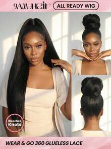 ALL READY WIG Wear & Go Kinky Straight 360 Lace Frontal Glueless Wig Pre-Plucked Bleached Knots Human Hair 180% Density 14-26 Inch