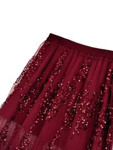 GlowEve CURVE 大码女式褶皱腰部亮片百褶裙两件套，派对宴会服装 - 酒紅色 - 查看 5