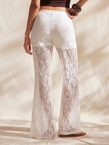Easelle 女士休闲白色蕾丝阔腿裤 - 白色 - 查看 2