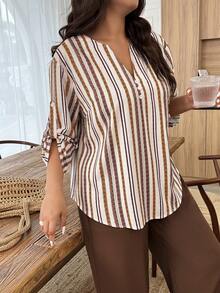 Breezaya 2pcs/Set Plus Size Women Notched Collar Buttoned Sleeve Contrast Color Floral Print Suit Fall - Multicolor - View 6