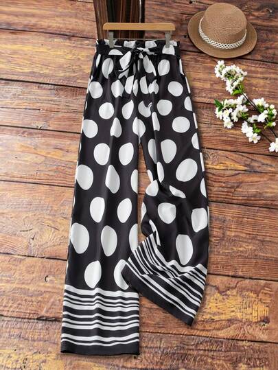 EMERY ROSE Plus Size Women's Polka Dot & Striped Waist Belt Pocket Wide Leg Pants, Elegant, Fashionable And Comfortable For Outings
