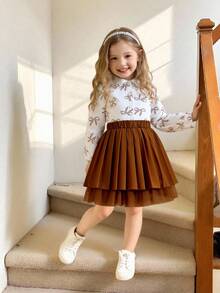 女童休闲卡其色网纱半身裙套装，蝴蝶结印花翻领衬衫搭配褶裥网纱衬里半身裙，优雅高端的秋季度假装扮 - 卡其色 - 查看 1