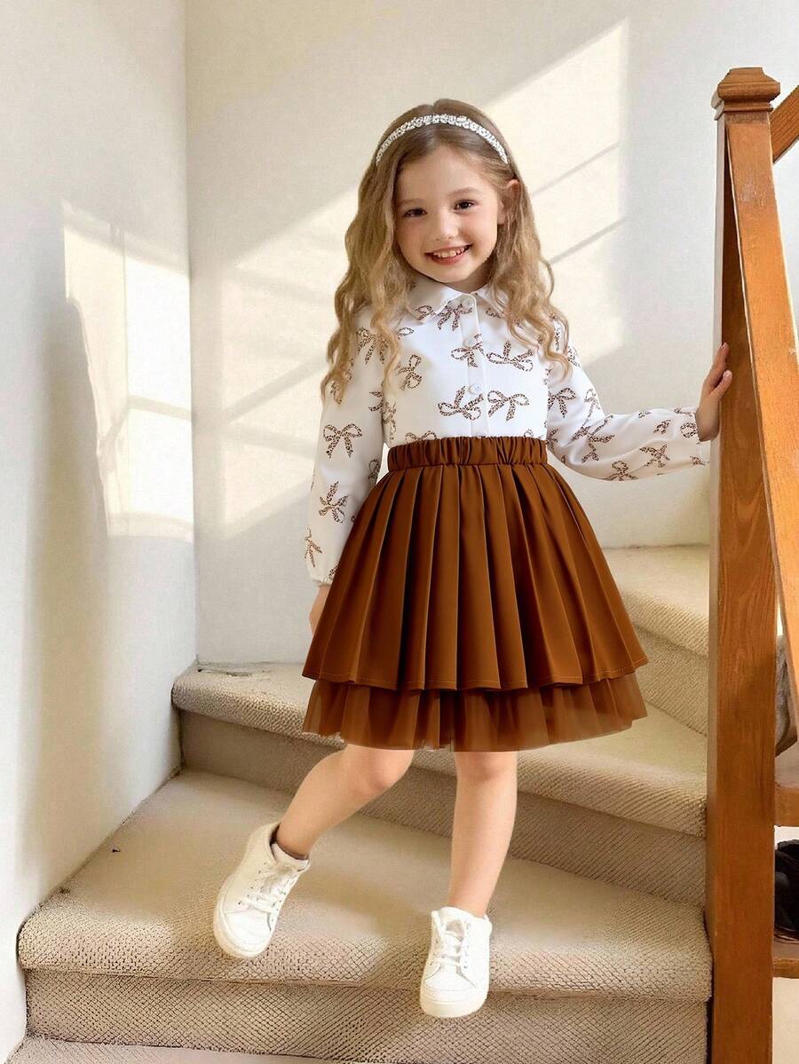 女童休闲卡其色网纱半身裙套装，蝴蝶结印花翻领衬衫搭配褶裥网纱衬里半身裙，优雅高端的秋季度假装扮 - 卡其色 - 查看 1