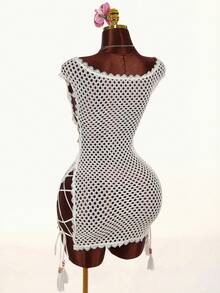 Amplova Cubrecosturas de traje de baño de mujer con adorno de encaje soluble en agua, crochet transparente con cordón, sexy y apropiado para usar en resorts y atuendos de playa - Albaricoque - Ver 1