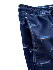 Manfinity VDAYZ Men's Drawstring Waist Fashionable Shark Print Summer Shorts, Beach Pants - Black - View 4