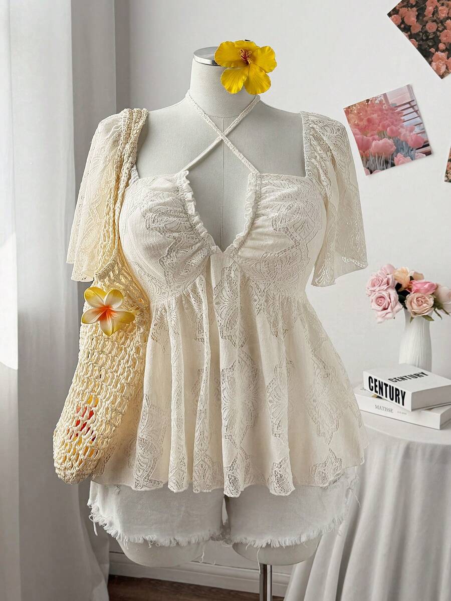 Sweetra New Vacation Elegant Sexy Beach Resort Textured Lace Hollow-Out Deep Shirred Ruffle Strap Puff Sleeve Blouse Top For Women, Cinched Waist Boho - Apricot - View 1