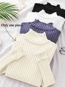 Franclia Women's Elegant Blogger-Style Ribbed Knit Sweater With Frill Trim, Long Sleeve, Chic And Stylish - Apricot - View 6