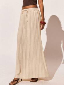 Poéselle 女士抽绳腰条纹长款休闲裙，夏季女士沙滩度假裙 - 杏色 - 查看 4