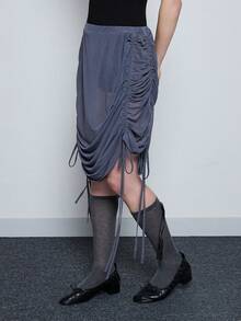 COUREZ Low Rise Ruched Sheer Midi Skirt, Y2K  Spring Party Going Out Sexy Elegant Skirt Festivals - Dark Grey - View 3