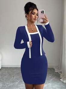 Elenzga Women's 2 In 1 Long Sleeve Bodycon Mini Dress - Navy Blue - View 4