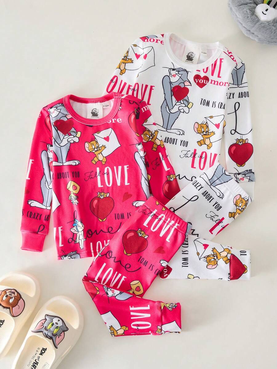 TOM & JERRY X SHEIN 4pcs/Set Baby Girl Cute Casual Style Crew Neck Long Sleeve Top And Pants Comfortable Tight-Fitting Pajamas Set - Multicolor - View 1