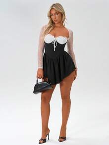 Amplova Black And White,Autumn,Elegant,Goth,Night Out Fitted Semi-Sheer Heart-Shaped Bust Long Sleeve Bodycon Mini Dress,Open Back & Criss-Cross Corset Dress - Black - View 4