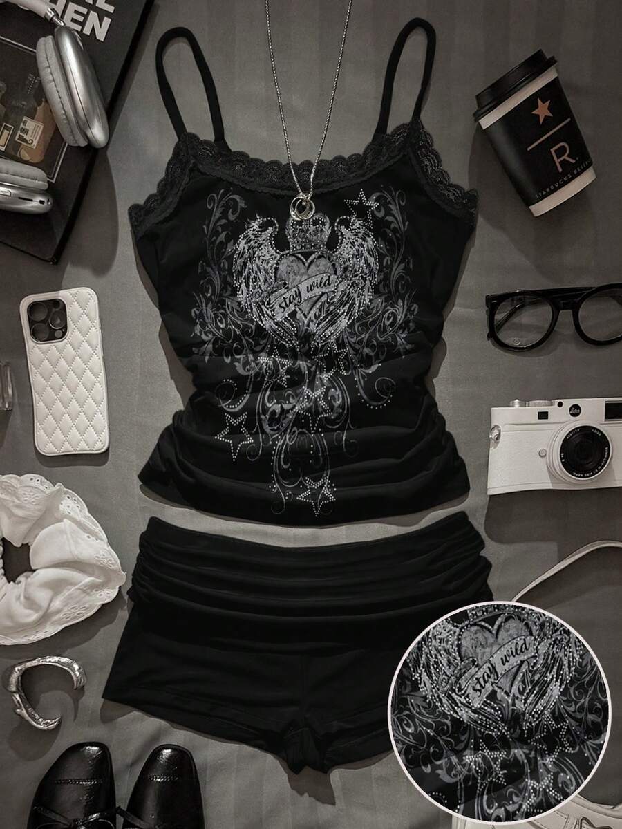 Attitoon Women's Casual Retro Lace-Trimmed Ruffled Camisole And Low-Rise Mini Skinny Shorts Set, Perfect For Y2K, Retro, And Gothic Styles - Multicolor - View 1
