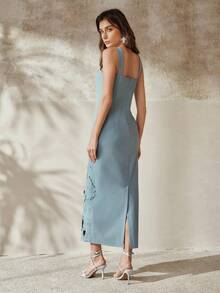 Anewsta Spring/Summer New Elegant Floral Embroidered Sleeveless Midi Dress For Women, Vacation Style, Slit Back, Suitable For Valentine's Day - Blue - View 2