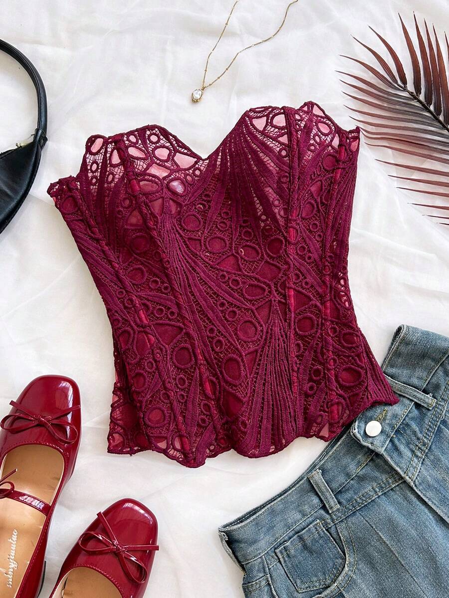 Soleia 女士性感蕾丝束身胸衣，欧美风格，镂空刺绣连体衣，酒红色 - 酒紅色 - 查看 1