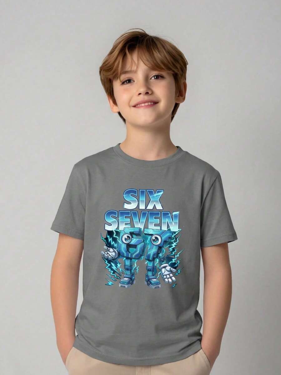 Playera para niño estilo urbano con estampado de números caricatura algodón suave corte holgado manga corta verano uso escolar y al aire libre playera - Gris - Ver 1