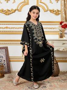 Sparklyn Đầm dự tiệc thanh lịch in hoa tay cánh dơi dành cho bé gái tuổi teen - màu đen - Xem 4
