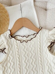 SHEIN 女婴可爱休闲杏色针织短袖上衣和松紧腰裤套装 - 杏色 - 查看 5