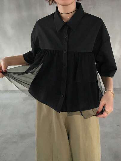 FRIFUL Women's Solid Color Short Sleeve Single-Breasted Mesh Ruffle Trim Casual Shirt