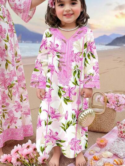 SHEIN Cute Floral Print Princess Style Jalabiya, Modest Muslim Girl T-Shirt, Islamic Gift, Young Girls Casual Minimalist Dress Suitable For Spring & Summer, Prayer Abaya, Easy Comfort, Casual Wear, Vacay Vibes, Modest Kaftan, Jalabiya, Casual Wear, Spring & Summer Clothes, New Style, Spring & Summer Fashion, Summer Dress
