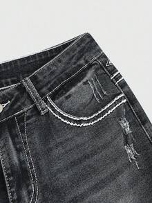 ROMWE Grunge Punk Y2K 复古千禧宝贝口袋交叉翅膀刺绣修身喇叭加大码女式牛仔裤 - 灰色 - 查看 4