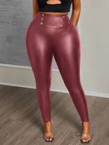 SHEIN PETITE CURVE Quần skinny da cạp cao màu đen dành cho nữ cỡ lớn, thích hợp cho mùa thu và mùa đông. - Màu Đỏ Sâu - Xem 4