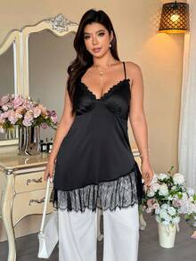 Vionelle 大码女式撞色蕾丝性感时尚吊带裙 - 黑色 - 查看 6