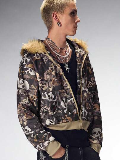 Men's Autumn/Winter Furry Skull Printed Casual Hoodie Sweatshirt