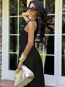 Ronhire Elegant Round Neck Sleeveless Asymmetric Shoulder Gathered Waist Exaggerated Ruffle Maxi A-Line Dress For Office & Commuting - Black - View 4