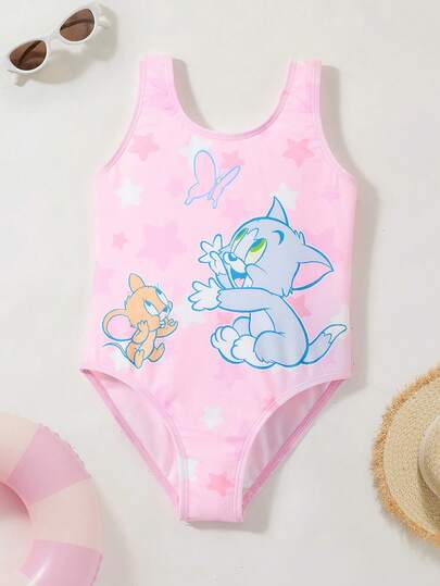 TOM & JERRY X SHEIN Young Girl Cute Cartoon Butterfly & Star Print One-Piece Swimsuit, Beach Vacation Style, Summer