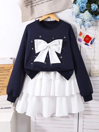 2pcs/Set Tween GirlsCasual Graphic Tee & Printed Pants With Bag, Fashion Outfit For Young Ladies Bow Clothes For Girls