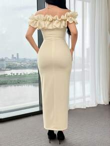 Feyla Đầm nữ thanh lịch trễ vai màu trơn, viền bèo nhún, đính ngọc trai giả, dáng ôm, thích hợp cho mùa hè. - Màu be - Xem 2