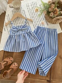 Babygirl Cute Casual Vacation Striped Bow Camisole & Elastic Waist Pants Set - Blue - View 1