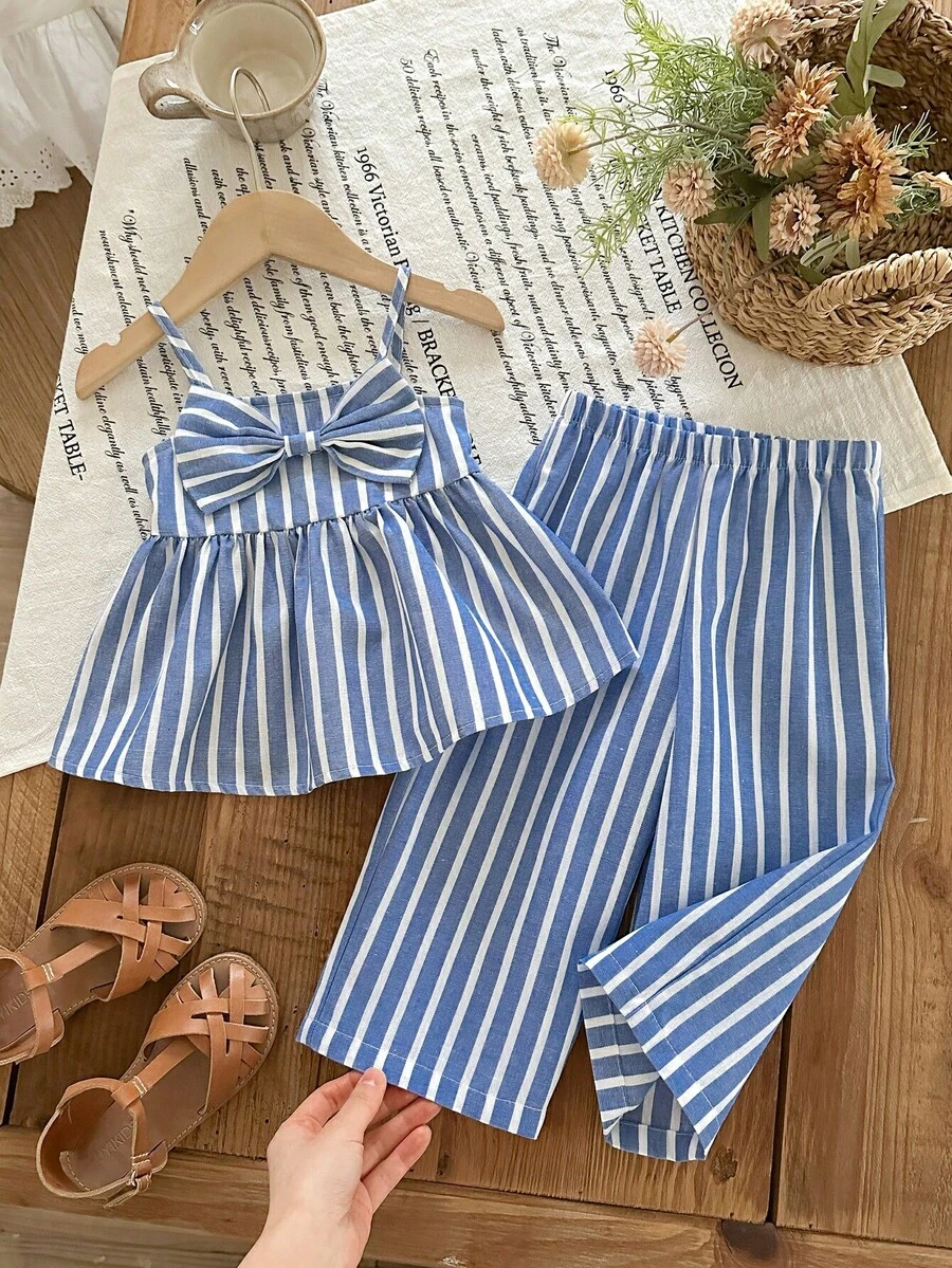 Babygirl Cute Casual Vacation Striped Bow Camisole & Elastic Waist Pants Set - Blue - View 1