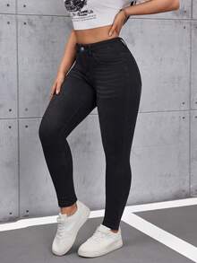 SHEIN Tall 女士时尚休闲修身牛仔裤 - 黑色 - 查看 4