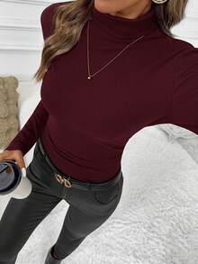 SHEIN Clasi Women's Turtleneck Fitted Ruched Thermal Long Sleeve T-Shirt - Burgundy - View 6