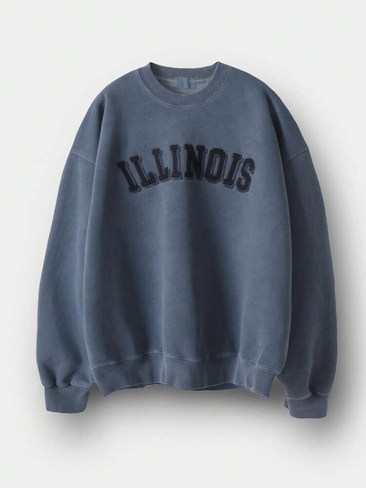 Men's Letter Embroidered Short Crew Neck Sweatshirt, Thermal Lined, Autumn/Winter