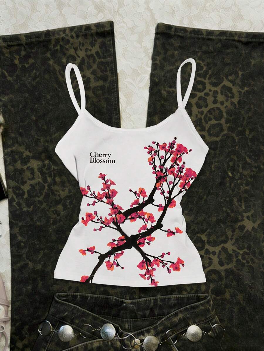 SHEIN Camisola feminina casual e versátil com estampa de letras e galhos. - Multicolorido - Ver 1