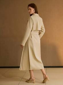 MOTF PREMIUM LAPEL COLLAR DOUBLE BREASTED PLACKET BUCKLE BELTED PLEATED PANEL TRENCH COAT - Khaki - View 6