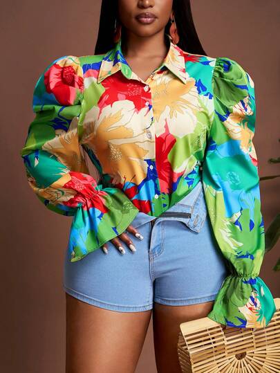 Slaydiva 2026 Ny vårklänning med blommigt tryck och puffärm för kvinnor