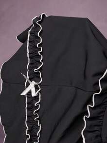 ROMWE Goth 大码时尚甜美蝴蝶结装饰交叉系带腰裙 - 黑色 - 查看 8