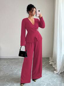Elenzga Plus Size Women's French Style Elegant Textured Chiffon Long Sleeve 2-Piece Set,Magenta Autumn Office Classy Lounge Pant Sets - Hot Pink - View 5