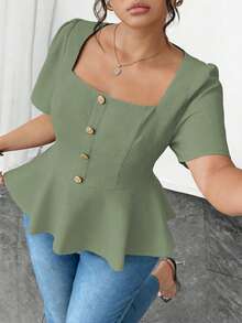Elenzga Chic Plus Size Green Peplum Blouse With Square Neck Puff Sleeves And Ruffle Hem Casual Style - Green - View 3